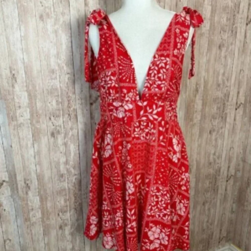 House of Harlow 1960 Mini Sundress Floral Shoulder Tie Strap Red White Medium